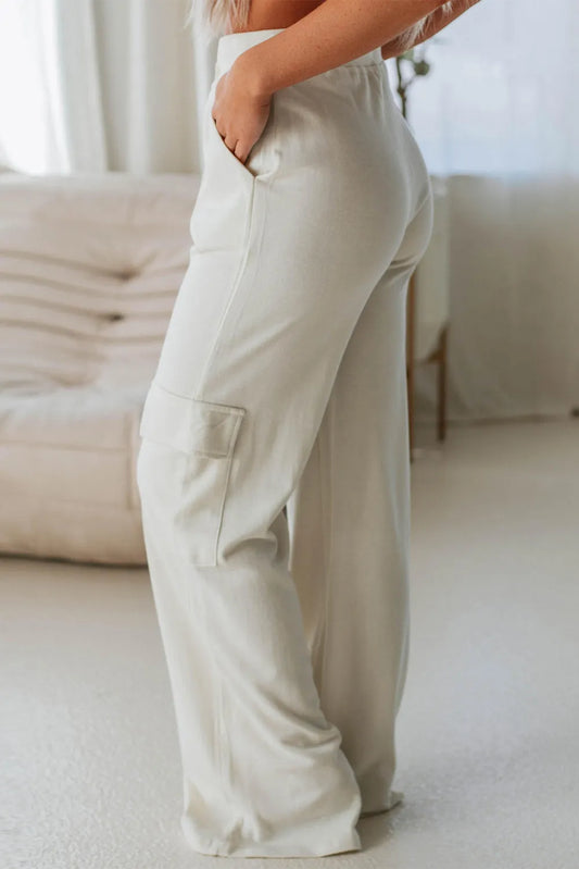 Cream Drawstring High Waist Pants with Pockets