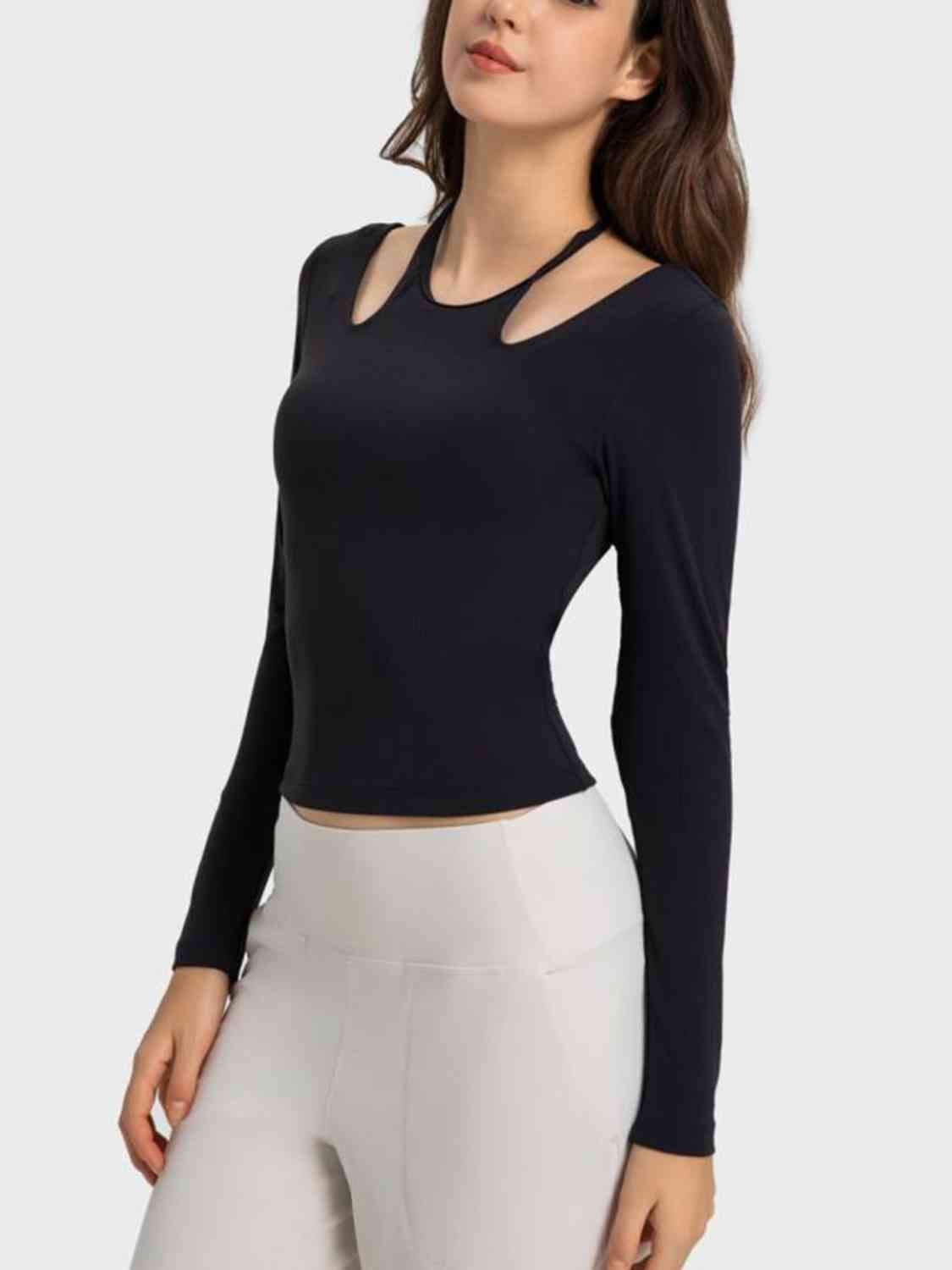 Ribbon Tie Halter Long Sleeve Top